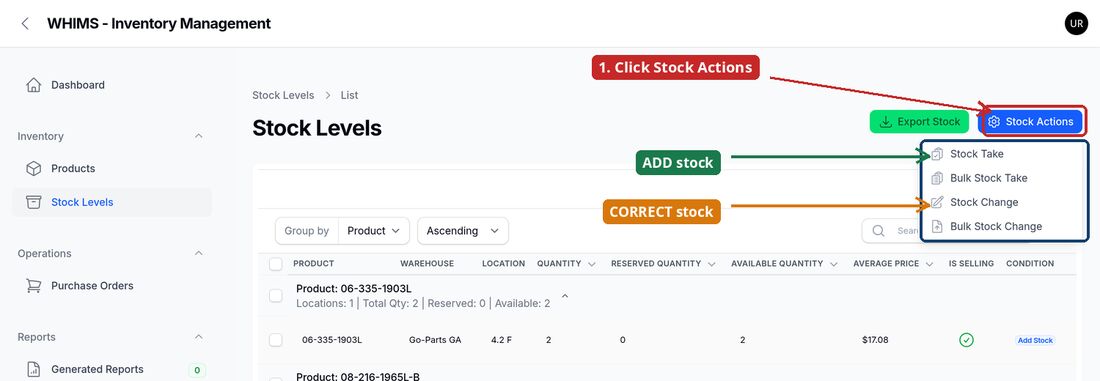 The Stock Actions dropdown menu, open