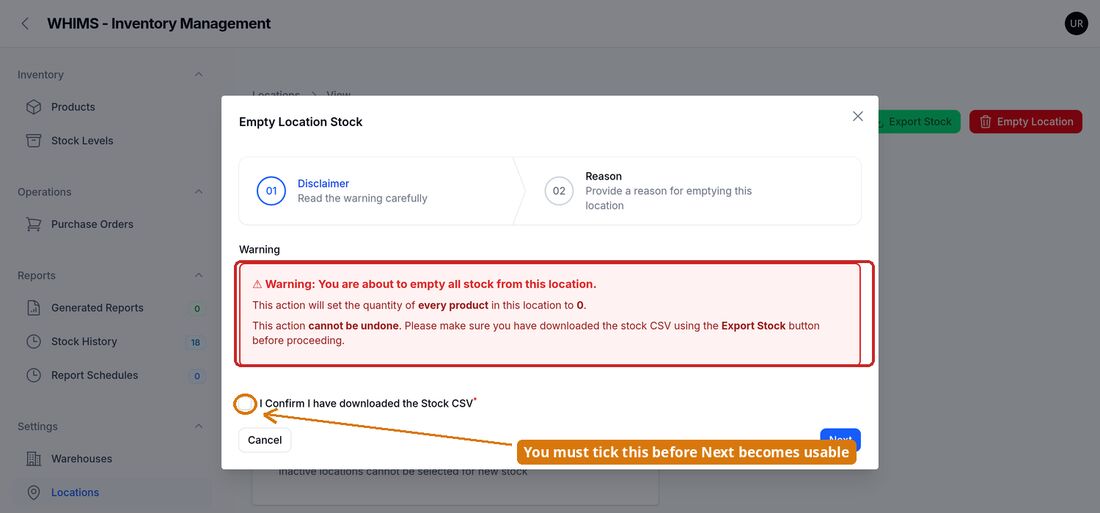 Empty Location wizard, step 1 — disclaimer