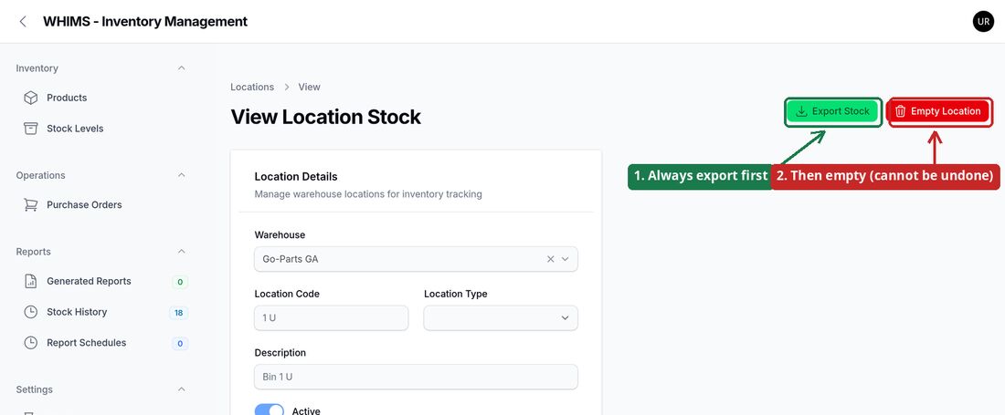 Location page with Export Stock and Empty Location buttons