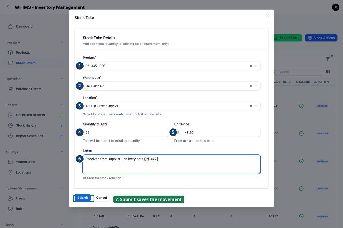 Completed Stock Take form with numbered fields