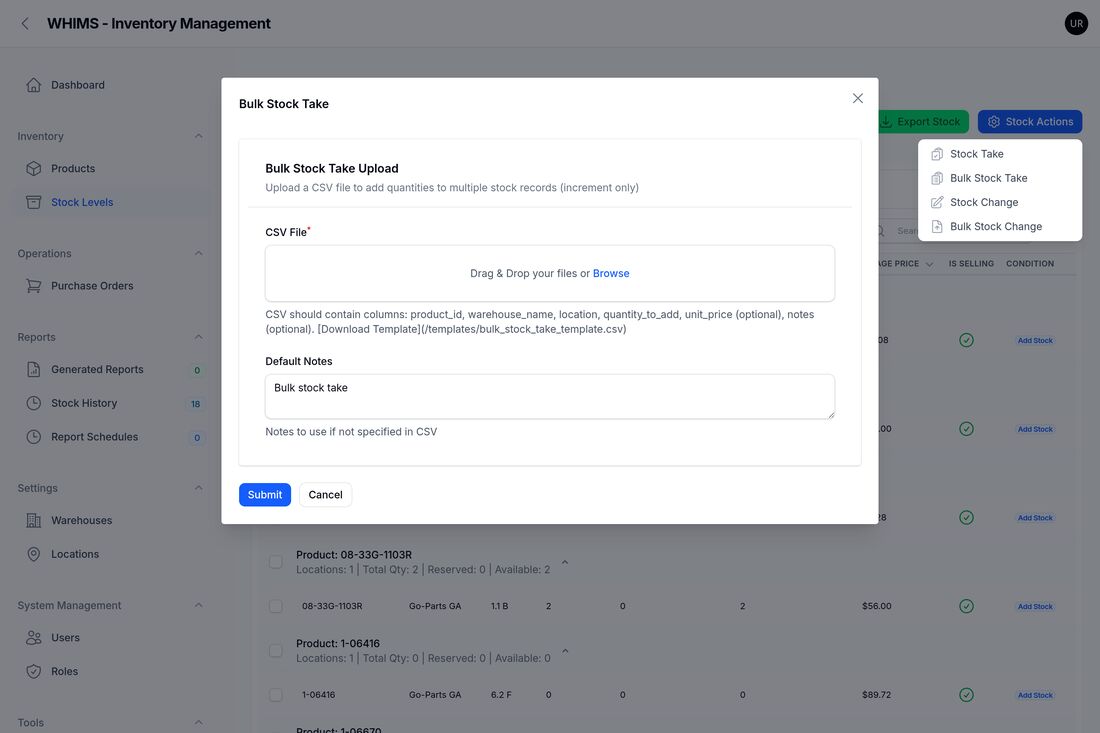 The Bulk Stock Take upload form