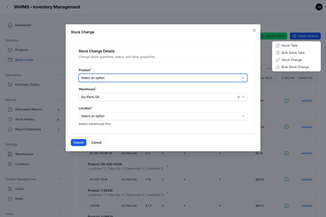 The empty Stock Change form