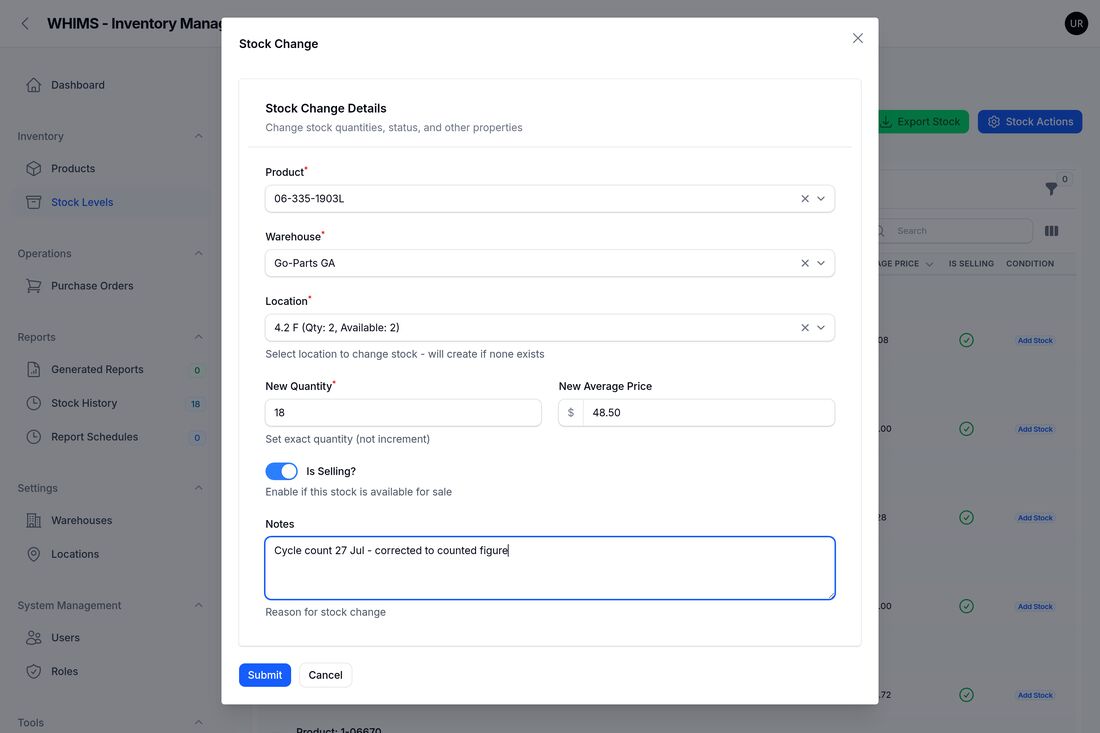 A completed Stock Change form