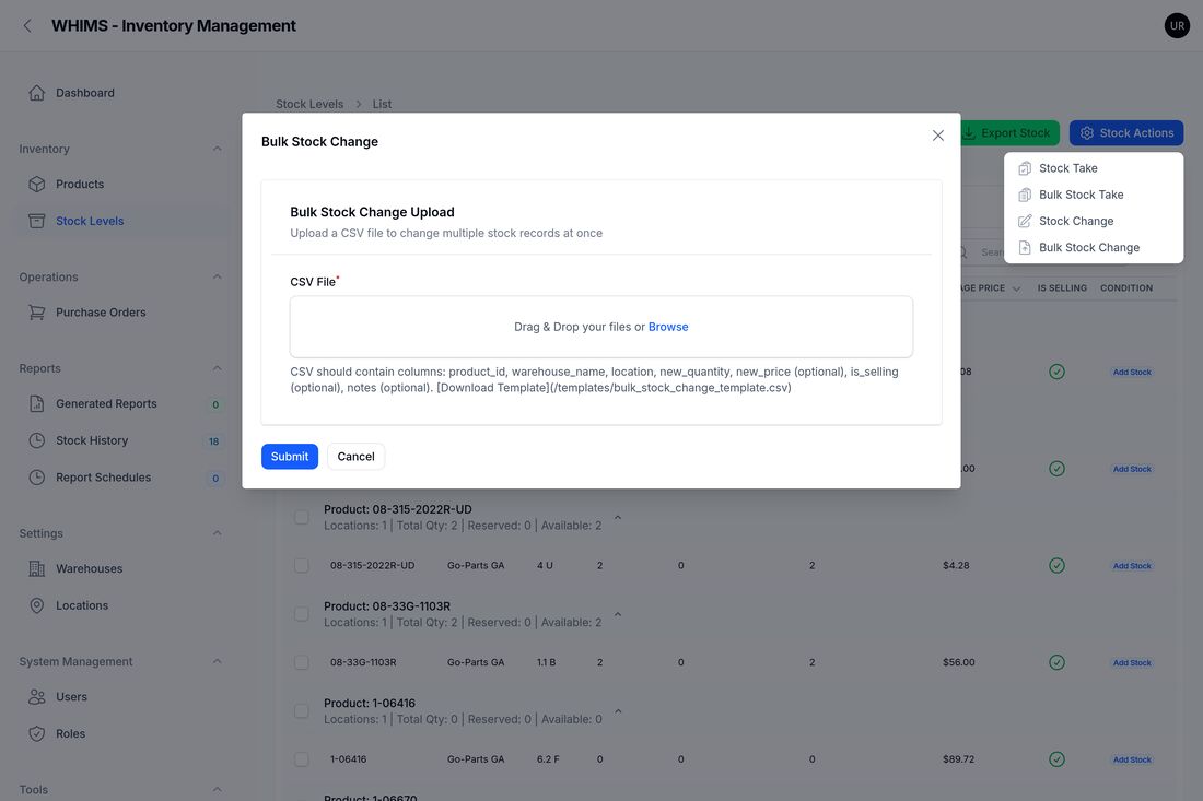 The Bulk Stock Change upload form