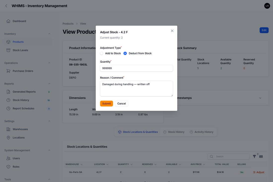 The Adjust window set to Deduct from Stock