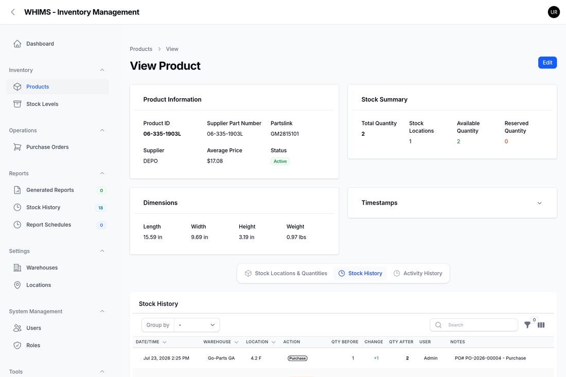 The Stock History tab on a product page