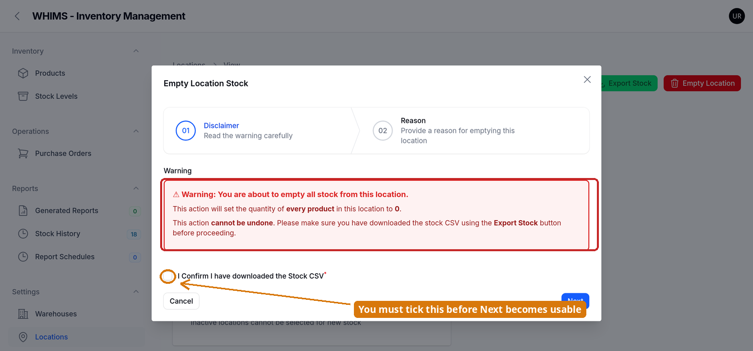 Empty Location wizard, step 1 — disclaimer
