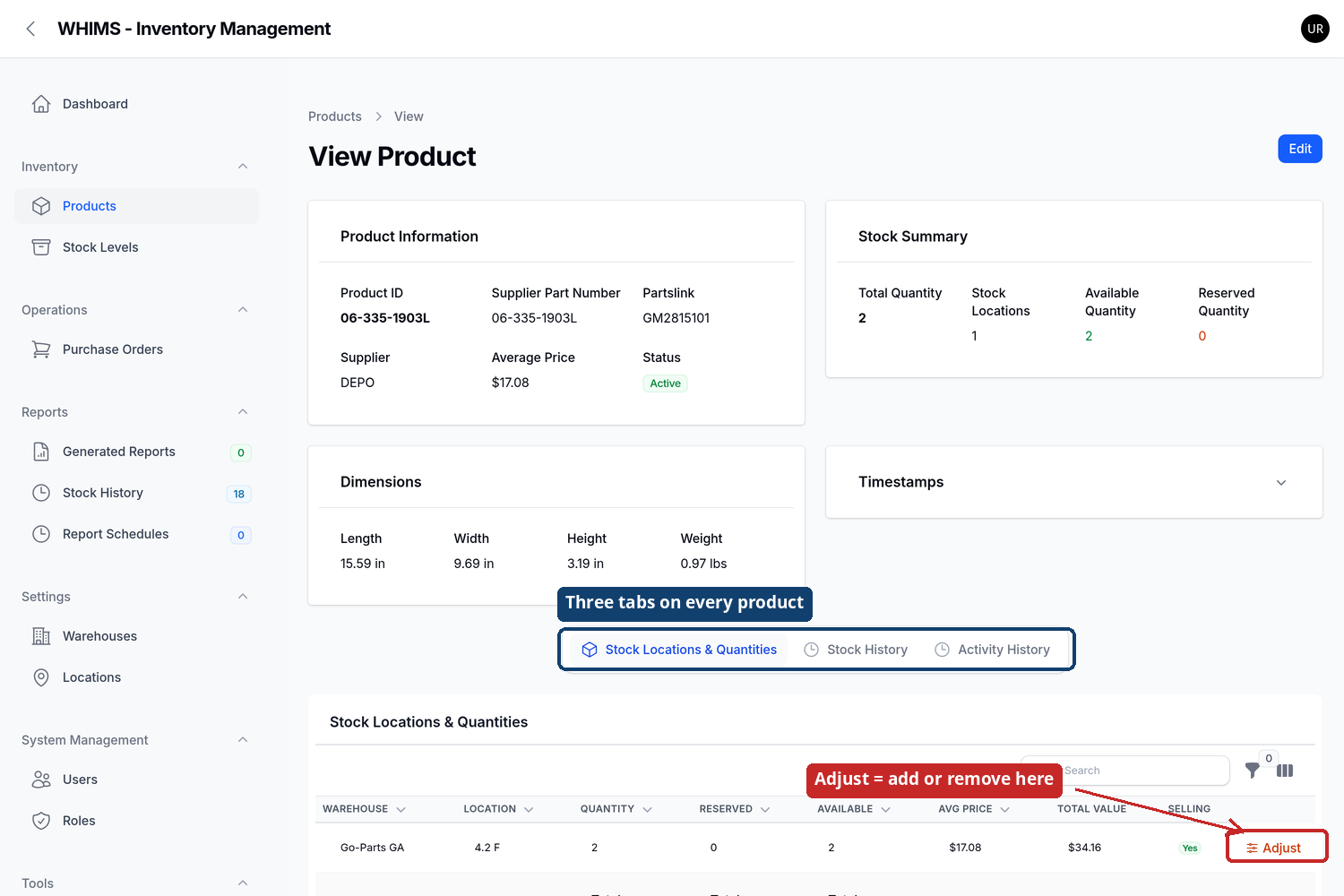 Product page showing tabs and the Adjust button