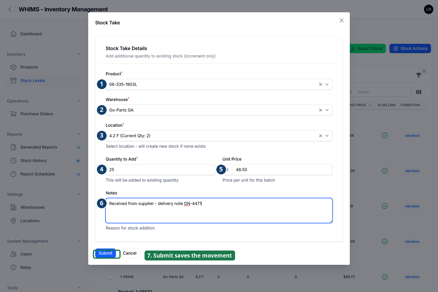 Completed Stock Take form with numbered fields