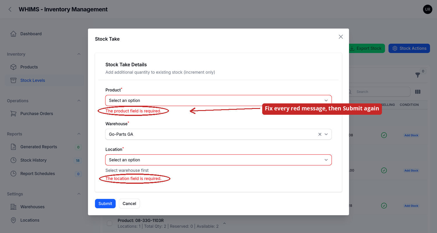 Stock Take form showing red validation messages