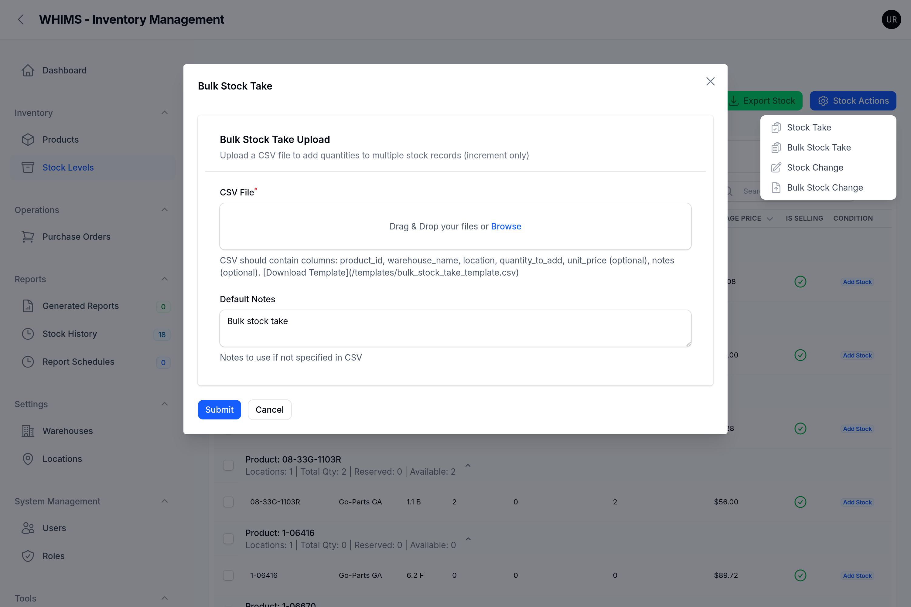 The Bulk Stock Take upload form