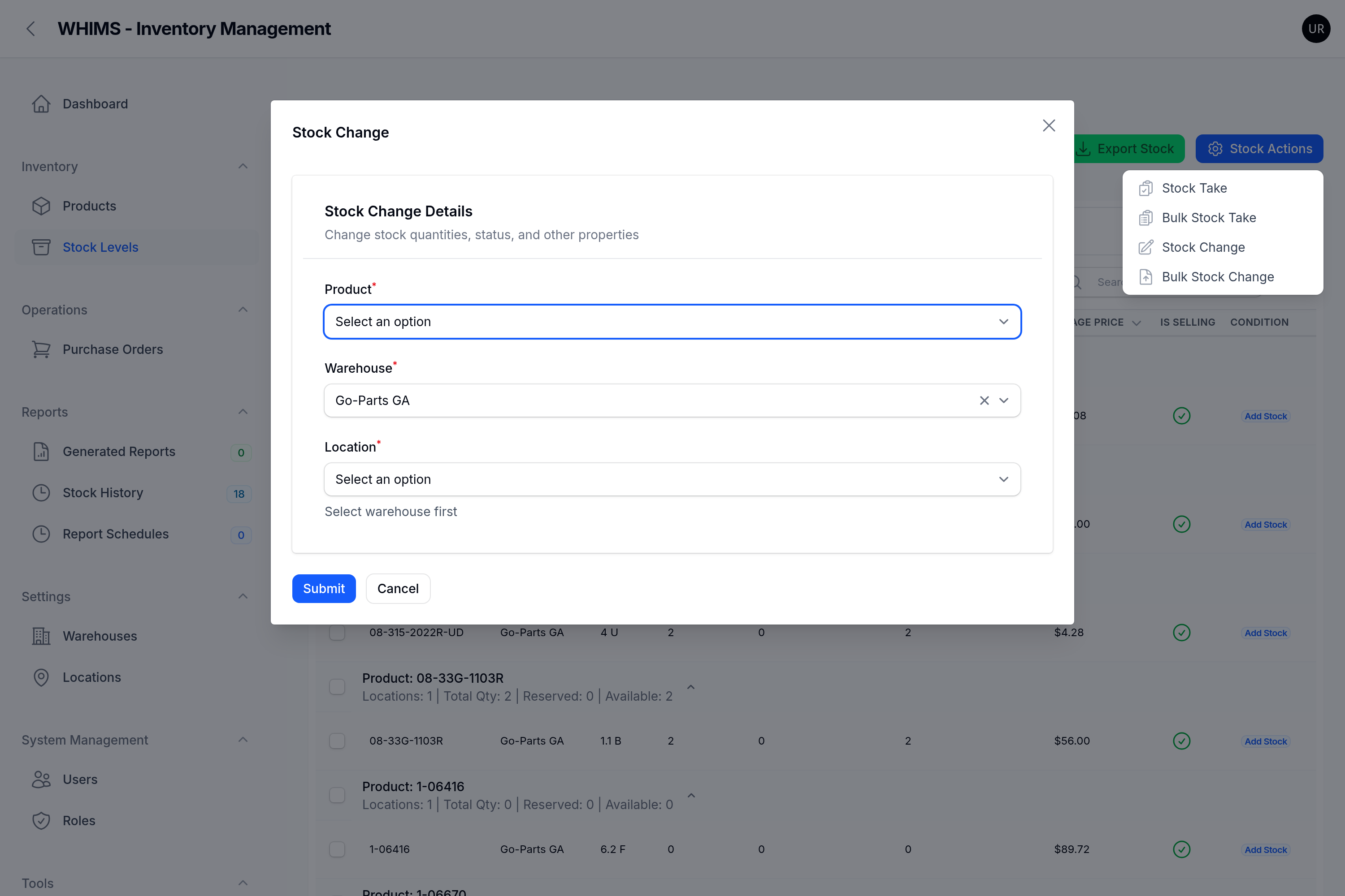 The empty Stock Change form