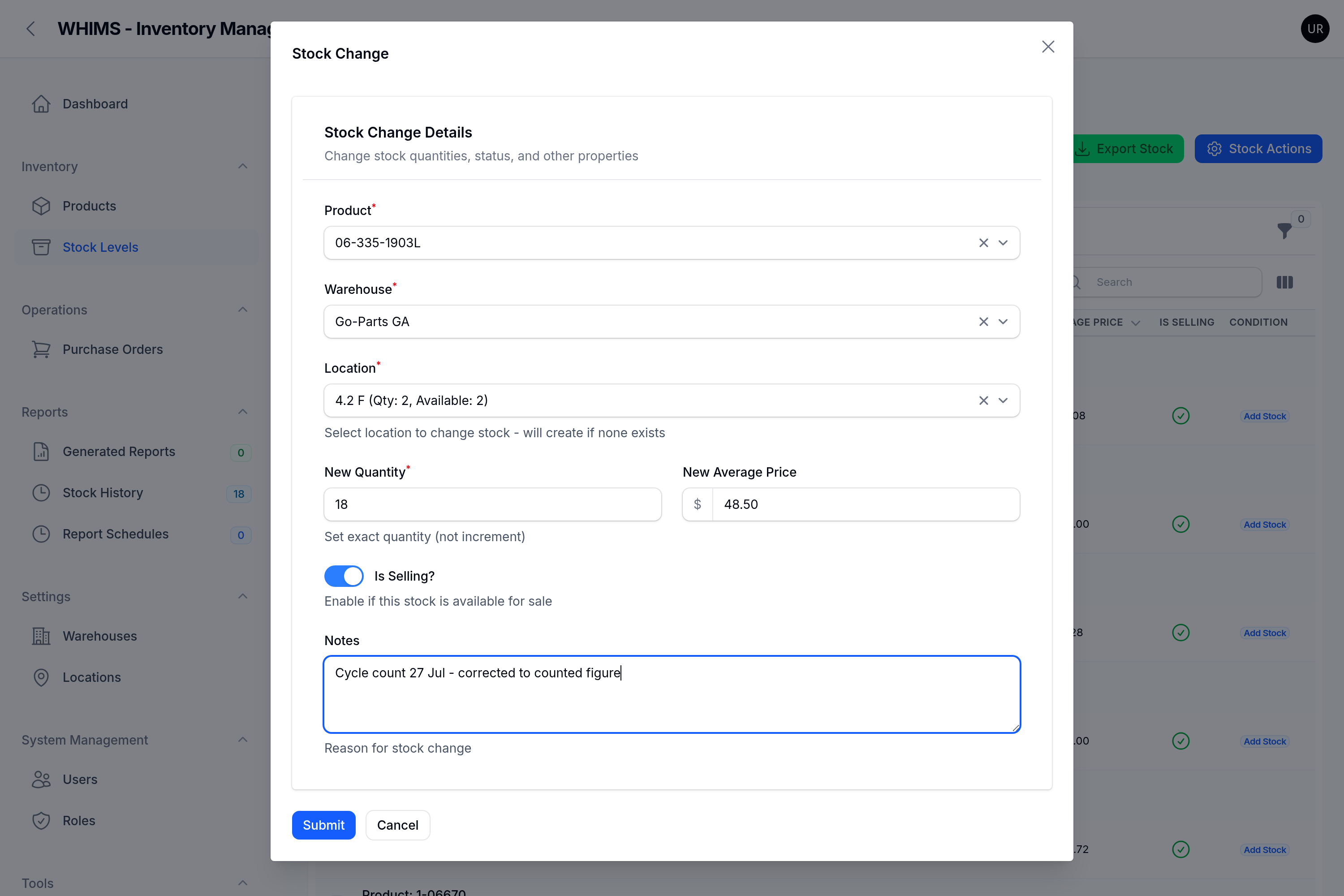 A completed Stock Change form