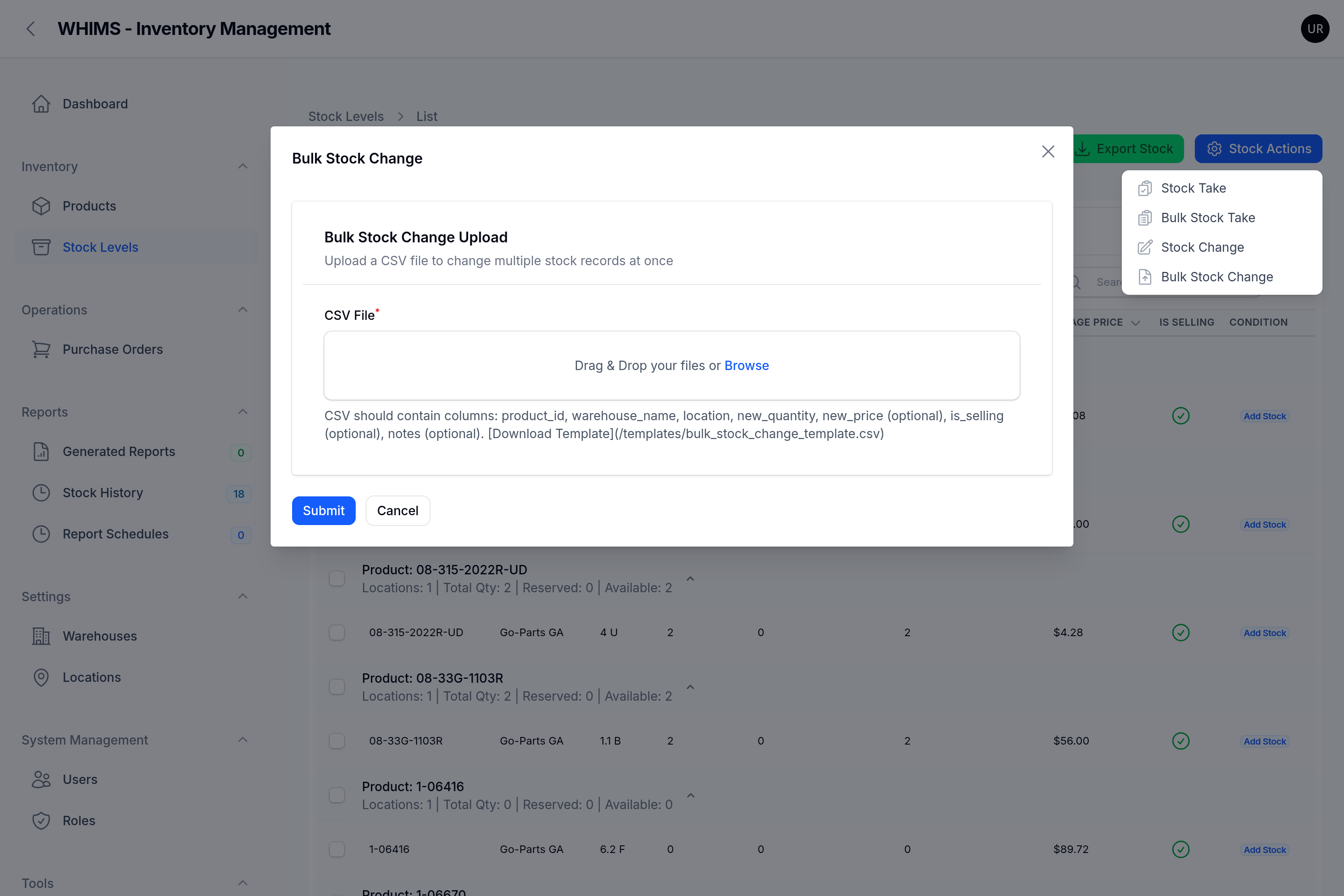 The Bulk Stock Change upload form