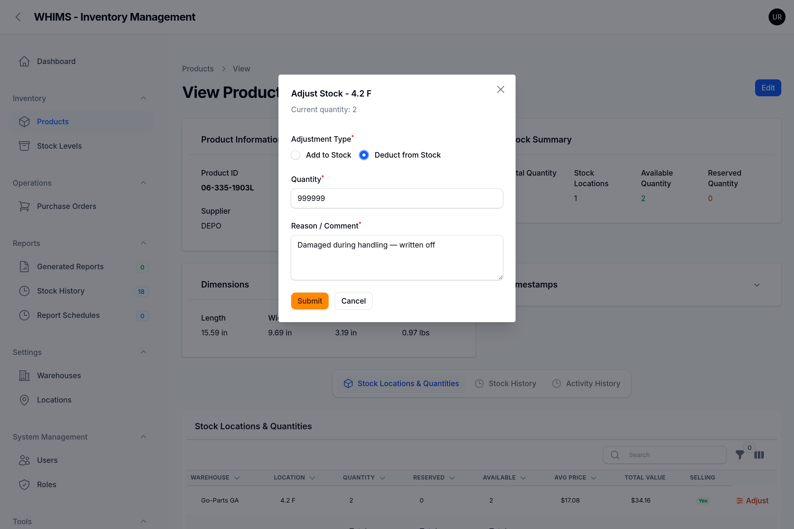 The Adjust window set to Deduct from Stock