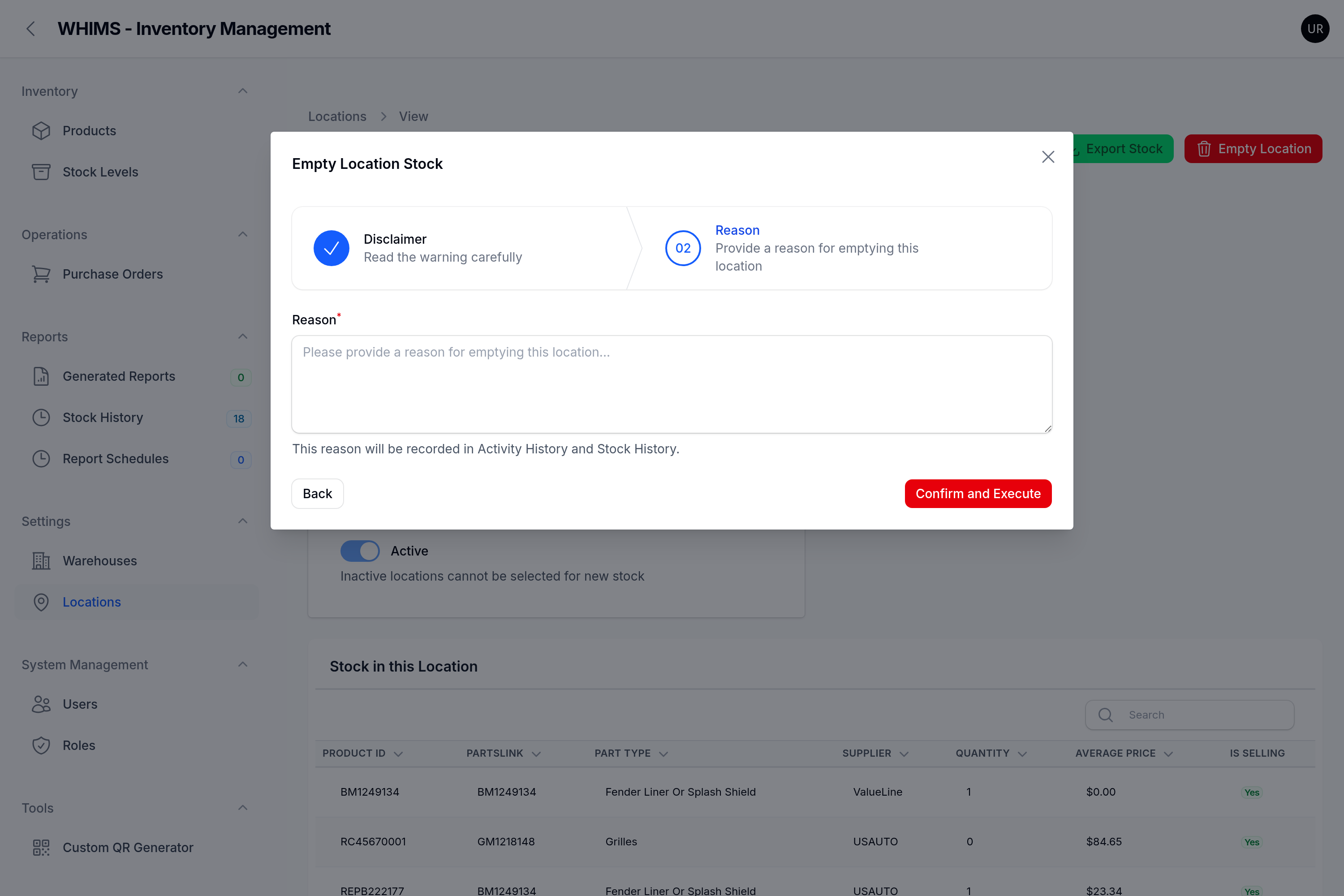Empty Location wizard, step 2 — reason