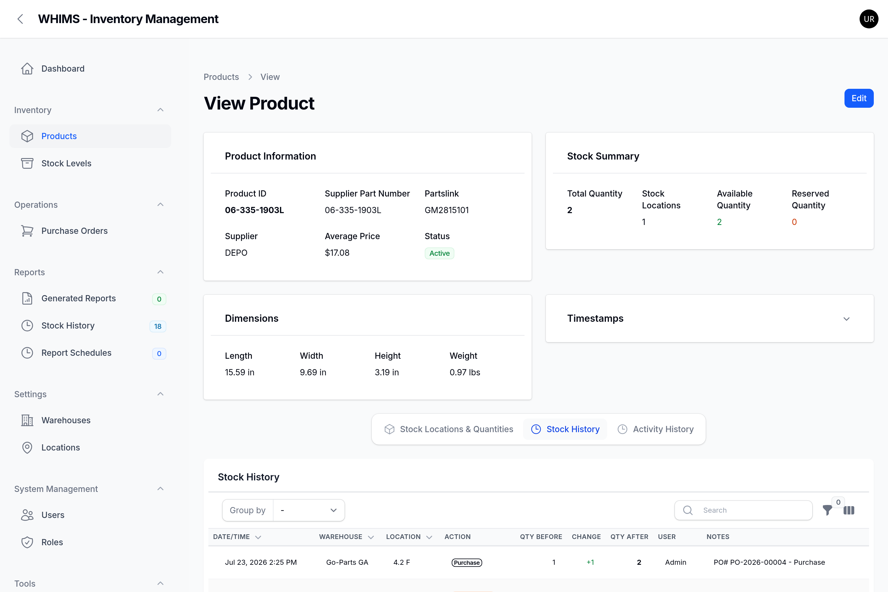 The Stock History tab on a product page